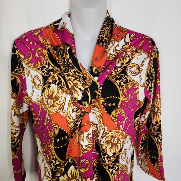 Tiffany & Grey Petite Womens Top Medium 3/4 Sleeve Multicolor Built In Scarf Tie - Picture 3 of 7